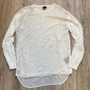 White Sweater with Crochet Detail Front